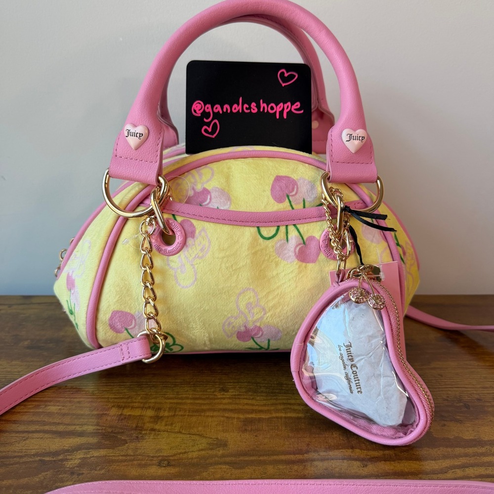 New Juicy Couture Retro Cherry Satchel Yellow Pink Shoulder Handbag Summer Cute